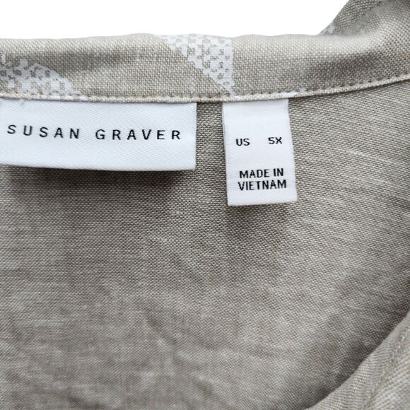 Susan Graver Linen Blend Shirt Womens 5X Tan White Leaf Button Up 3/4 Sleeves - Picture 7 of 10
